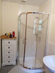 a shower in a bathroom with a sink and a toilet at Crover Cottage Twin Room with Lake View in Mountnugent