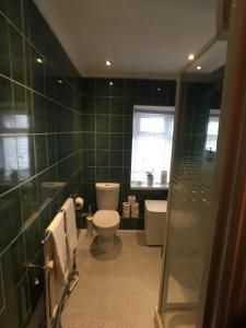 a green tiled bathroom with a toilet and a sink at Ty Rosa Rooms in Cardiff