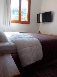 a bedroom with a bed with a television on the wall at T2 Les orres 1800 : pied des pistes avec piscine in Les Orres