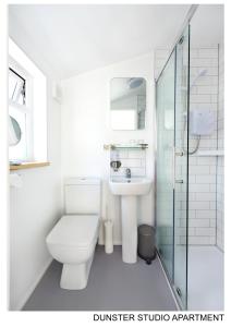 a bathroom with a toilet and a sink and a shower at Dunster Studio Apartment in Dunster