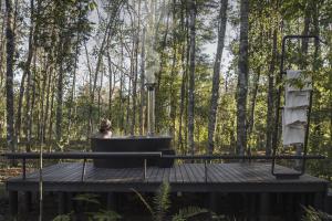 - un chat assis dans une baignoire sur une table de pique-nique dans l'établissement Das Dorf Hotel, à Pucón