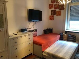 1 dormitorio con 1 cama y vestidor con TV en la pared en Wiesbaden Mitte, en Wiesbaden