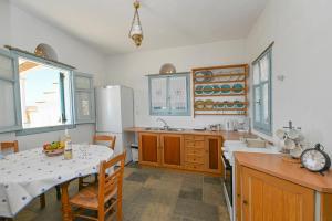Il comprend une cuisine équipée d'une table, d'un réfrigérateur, d'une table et de chaises. dans l'établissement Astraia, à Agios Ioannis