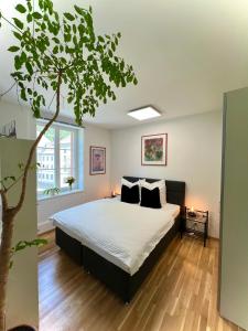un dormitorio con una cama y un árbol dentro en Traumhafte luxuriöse Ferienwohnungen im wunderschönen St. Blasien en St. Blasien