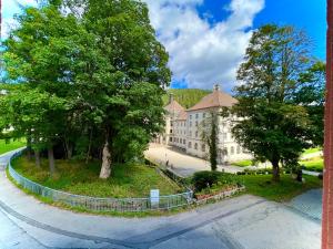 un edificio con árboles frente a una calle en Traumhafte luxuriöse Ferienwohnungen im wunderschönen St. Blasien en St. Blasien