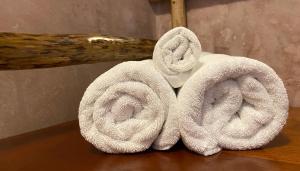a pile of towels sitting on top of a table at Hotel Maya Internacional in Flores