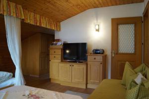 a bedroom with a tv on a cabinet with a bed at Schusterhof in Innsbruck