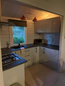 una cucina con elettrodomestici in acciaio inossidabile e una finestra di Rockschapel Cabin 30B a Annacloy