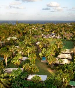 - une vue aérienne sur un complexe avec des palmiers dans l'établissement Ikurangi Eco Retreat, à Rarotonga