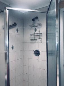 La salle de bains est pourvue d'une douche et d'une porte en verre. dans l'établissement 67-26 Austin Cove near subway, all shops, restaurants! Separate Entrance, à New York