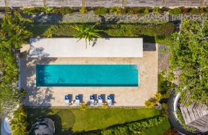 an overhead view of a swimming pool with two blue chairs at El Encuentro Surf Lodge in Cabarete