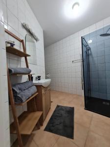 La salle de bains est pourvue d'un lavabo et d'une douche. dans l'établissement U Stóp Czantorii Apartament, à Ustroń