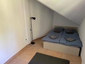 - une chambre avec un lit doté de draps bleus et d'une lampe dans l'établissement U Stóp Czantorii Apartament, à Ustroń