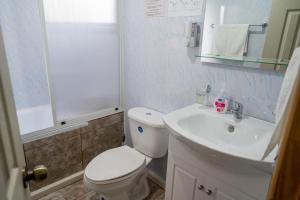a bathroom with a white toilet and a sink at Casa Lucy in Puerto Natales