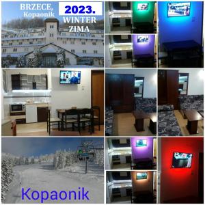 a collage of photos of a room with a television at Brzeće-GONDOLA 100m in Brzeće