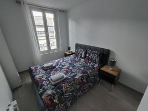 una camera da letto con un letto con una coperta e una finestra di Appartement T3 PLUME Hyper centre d'ERNÉE a Ernée