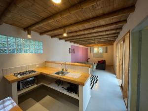 uma cozinha com um lavatório e uma bancada em Casita Azul em Salento