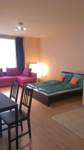 布達佩斯的住宿－您的健康4號公寓，一间卧室配有一张大床和一张沙发