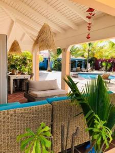 克拉倫代克的住宿－Villa Perla due (diving villa Chikitu)，一个带沙发和椅子的庭院和一个游泳池