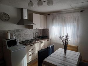 a kitchen with a table with a vase on it at Apartman Šoljac in Perušić