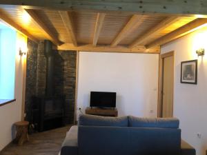 Casa de Xisto Ti Maria في Videmonte: غرفة معيشة بها أريكة زرقاء وتلفزيون