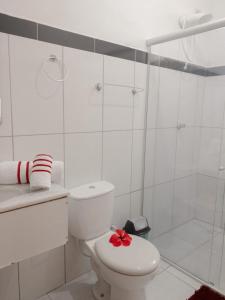 een witte badkamer met een toilet en een douche bij Pousada Primavera in São Miguel do Gostoso