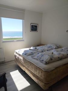 a bedroom with a large bed with a view of the ocean at Rauðsdalur in Brjánslækur