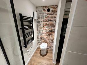 uma casa de banho com uma parede de tijolos e um WC. em LE COQUET hyper centre climatisé em Salins-les-Bains