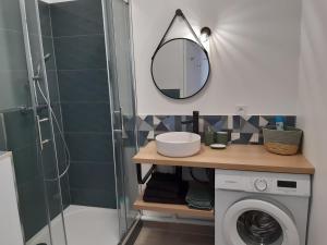 y baño con lavadora y espejo. en Indy Appart - T2 moderne, calme, propre, parking, balcon vue, en Saint-Priest
