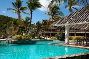 a swimming pool with palm trees and a building at Sapphire Beach-Beachfront Condo SALE - View of Paradise in East End