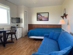 a bedroom with a blue bed and a blue couch at Complexe Cap-Chat in Cap-Chat