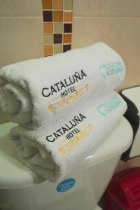 un mucchio di asciugamani seduti sopra un water di HOTEL CATALUÑA - SOLUCIONES HOTELERAs a Pereira