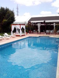 une grande piscine avec des chaises et un kiosque dans l'établissement Complejo Hotelero Saga, à Manzanares