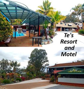 a collage of two pictures of a resort and motel at T's Resort & Motel in Port Macquarie