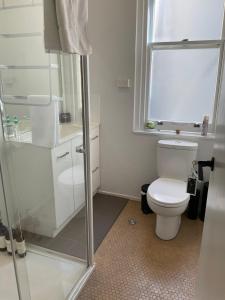 a bathroom with a toilet and a glass shower at Argyle Accommodation in Hobart