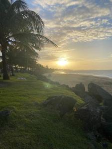 a sunset on the beach with palm trees and the ocean at 2C - Couples Getaway-5 min to Crashboat Beach in Aguadilla