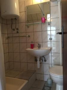 uma casa de banho com um lavatório, um WC e um espelho. em Seaside holiday house Vis - 8902 em Vis
