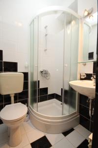 La salle de bains est pourvue d'une douche, de toilettes et d'un lavabo. dans l'établissement Apartments and rooms with parking space Mlini, Dubrovnik - 8994, à Mlini