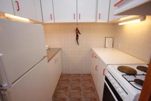 een kleine keuken met witte kasten en een fornuis bij Apartments by the sea Vis - 8875 in Vis