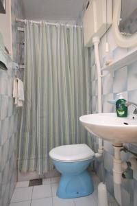 ein Badezimmer mit einem Duschvorhang, einem WC und einem Waschbecken in der Unterkunft Apartments and rooms by the sea Komiza, Vis - 8910 in Komiža