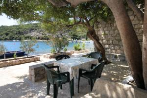 uma mesa e cadeiras debaixo de uma árvore junto à água em Rooms by the sea Zaton Mali (Dubrovnik) - 8997 em Zaton