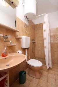 ein Bad mit einem WC, einem Waschbecken und einer Dusche in der Unterkunft Apartments by the sea Cove Milna - Zastrazisce, Hvar - 8951 in Zastražišće