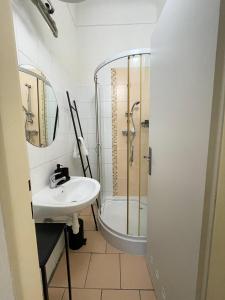 a bathroom with a sink and a shower at Arch Apartment in Třebíč in Třebíč