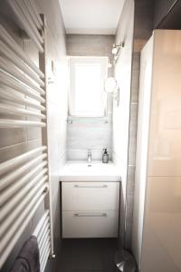 baño pequeño con lavabo y ventana en Zagreb Central Park Apartment with free parking, en Zagreb