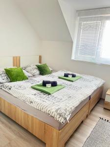 1 cama grande con 2 almohadas verdes en Ubytování nad sklípkem v Šatově, en Šatov