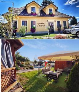 two pictures of a house before and after it was remodeled at Apartmány na kolonádě in Lednice