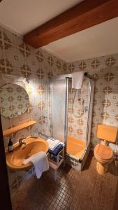 uma casa de banho com um lavatório e um chuveiro em Hotel Sonne em Wassertrüdingen