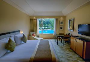 ニューデリーにあるザ グランド ニューデリーの大型ベッドとテレビが備わるホテルルームです。