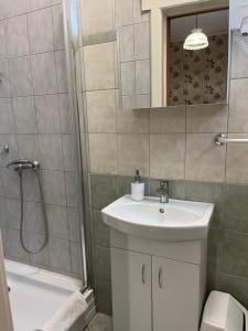 a bathroom with a sink and a shower and a tub at Korona Panzió in Mátészalka