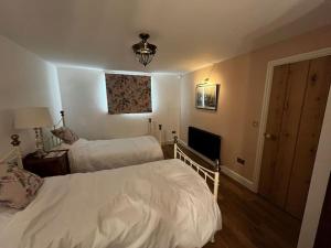 a hotel room with two beds and a television at Byre - Farm Cottage on 9 acre Equestrian Small Holding in Salisbury